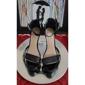 Sheikh Black Patent Rhinestone Platform Ankle Strap Stiletto Heels Sandals 5 in